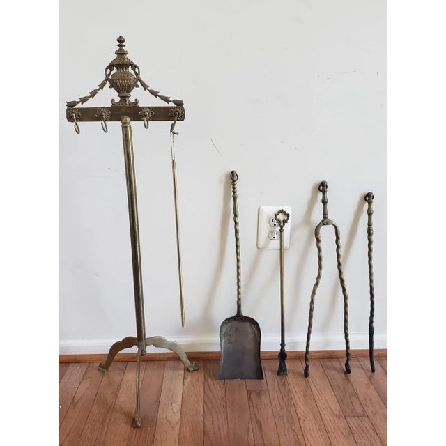 French 19th Century French Louis XV Style Set of 5 Cast Brass Fireplace Tools For Sale - Image 3 of 5