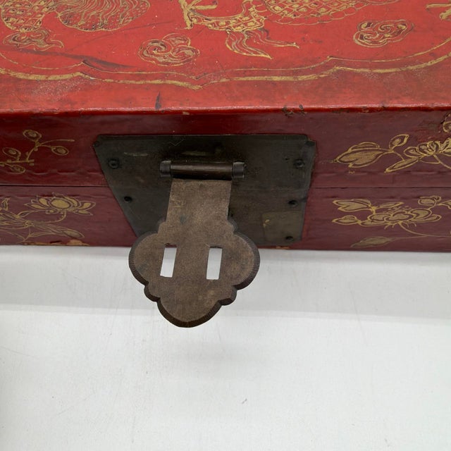 Vintage Chinese Gilt Red Lacquer Leather Document Box With Dragon & Phoenix For Sale - Image 10 of 14