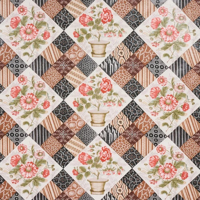 Schumacher Caldwell Patchwork Chintz Fabric in Rose & Chocolate For Sale