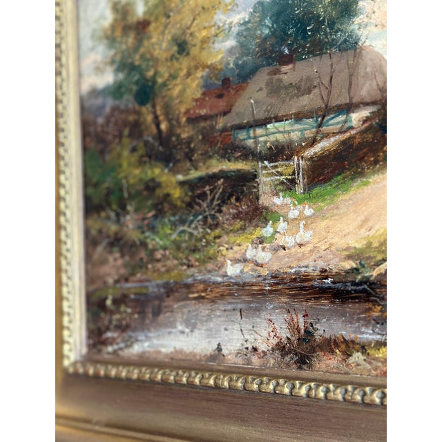 Textile 19th Century Original British Oil Painting, Geese/Ducks by a Cottage Pond, Joseph Thors For Sale - Image 7 of 12