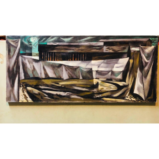 Oil Painting Mid 20th century, signed P. Zimmerman Reminiscent of the Mid Century Social Realist and WPA works of Ben...