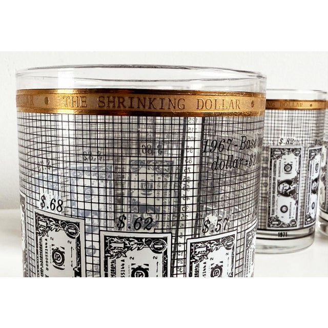 Traditional Vintage 1970s Financial 'Shrinking Dollar' Whiskey Glasses With Gold Rim - Set of 4 For Sale - Image 3 of 7