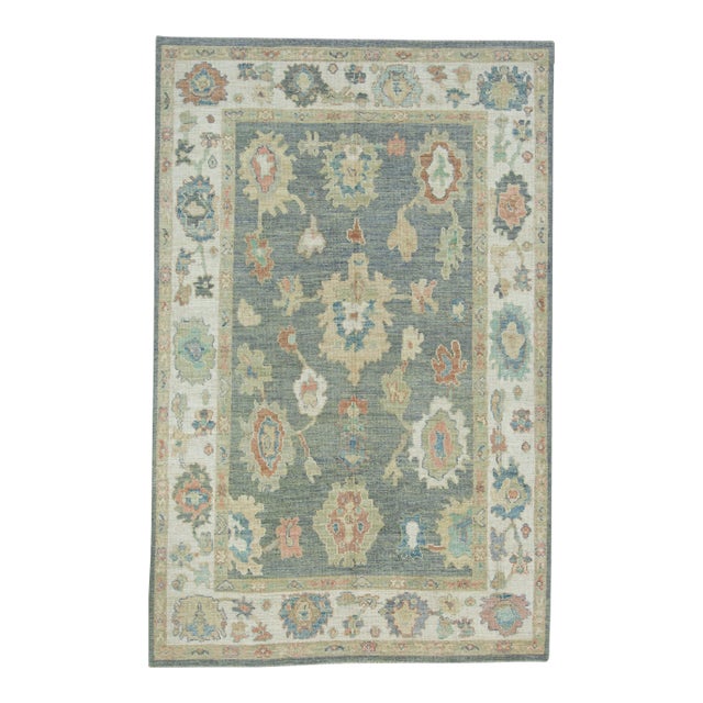 Gray & Green Turkish Oushak Rug 5'9" x 9' For Sale