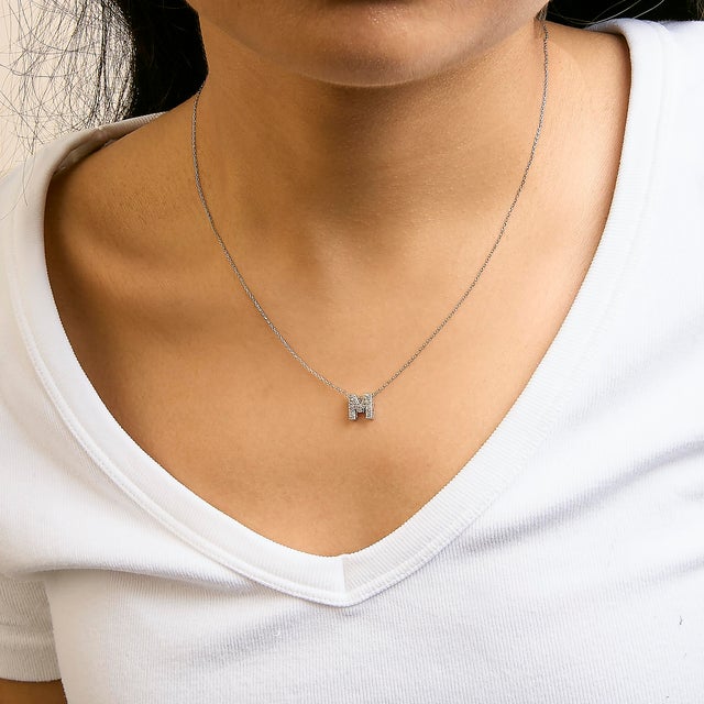 10K White Gold Diamond Accent "M" Initial Bubble Pendant Necklace For Sale - Image 4 of 5