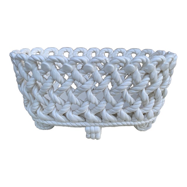 1960s French Country White Ceramic Woven Rope Cachepot Basket For Sale