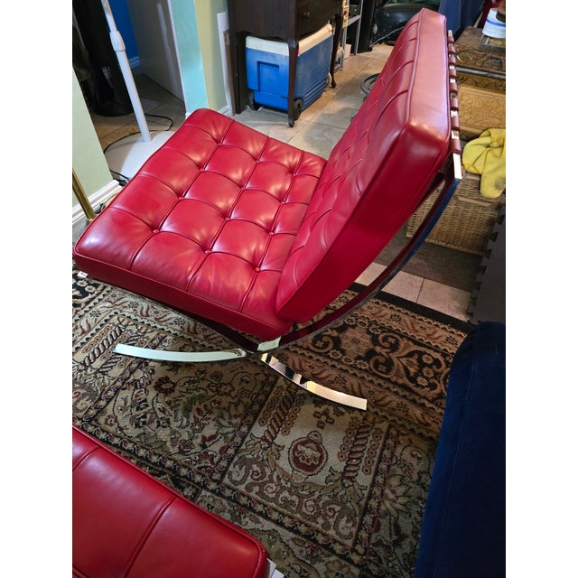 1960s Attributed Knoll Barcelona Chair & Matching Ottoman – Early 1960s Chrome Frame, Custom Red Leather, Laurel Canyon Provenance For Sale - Image 5 of 15