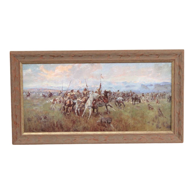 Late 20th Century Charles M. Russell 'Lewis & Clark Meeting Indians at Ross' Embellished Print, Custom Framed For Sale