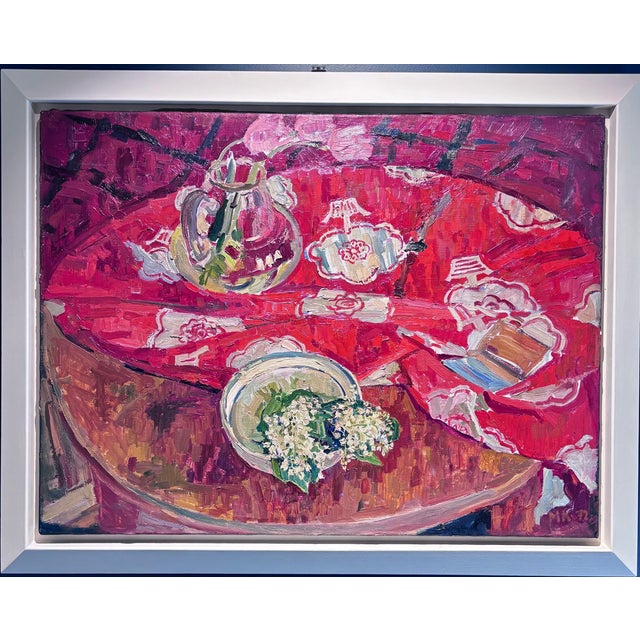 Maya Kopitzeva, Still Life with Lilies of the Valley and a Red Tablecloth, 1979, Oil on Canvas For Sale