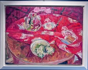 Maya Kopitzeva, Still Life with Lilies of the Valley and a Red Tablecloth, 1979, Oil on Canvas