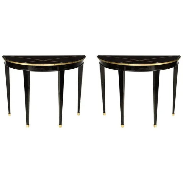 Bespoke Ebonized Demilune Consoles With Inlaid Brass Top - a Pair For Sale - Image 11 of 11