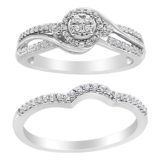 .925 Sterling Silver 1/3 Cttw Composite Diamond Frame Bypass Bridal Set Ring and Band (I-J Color, I2-I3 Clarity) - Ring - Size 11 For Sale