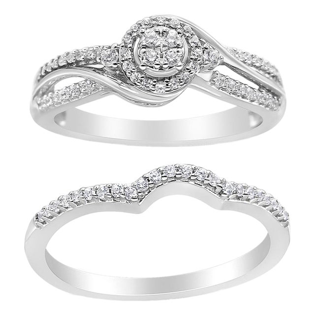 .925 Sterling Silver 1/3 Cttw Composite Diamond Frame Bypass Bridal Set Ring and Band (I-J Color, I2-I3 Clarity) - Ring - Size 11 For Sale