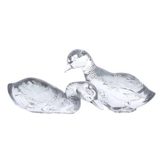 Baccarat France Crystal Seated Duck Figurines Pair 5" For Sale