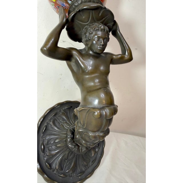 Antique Figural Patinated Bronze Man Wall Sconce Fixture Millefiori Glass Shade For Sale - Image 10 of 17