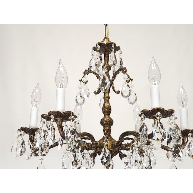 Shabby Chic Vintage 6 Arm 6 Light Dark Patina Swanky Brass Cut Lead Glass Crystal Chandelier For Sale - Image 3 of 12