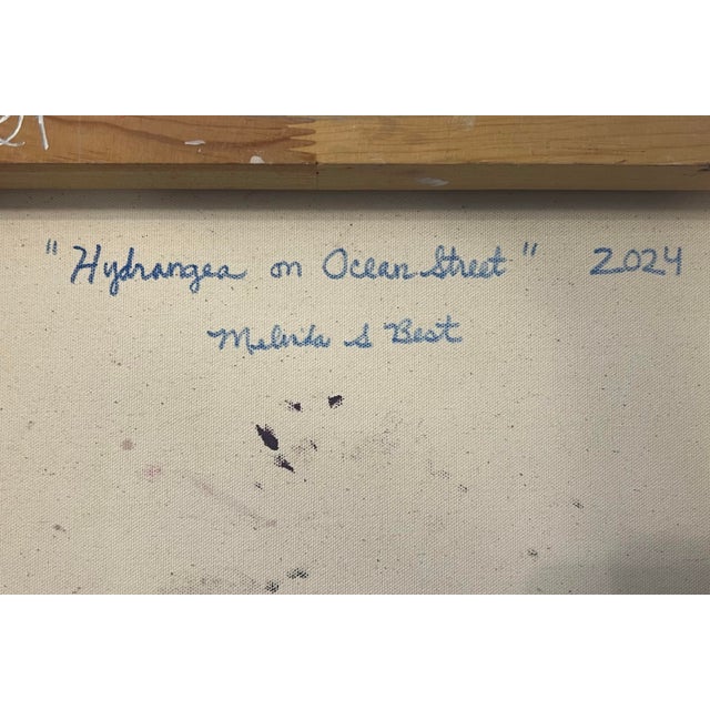 Modern Abstract Floral Hydrangea Acrylic Painting on Canvas, “Hydrangea on Ocean Street,”Signed, Dated For Sale - Image 4 of 4