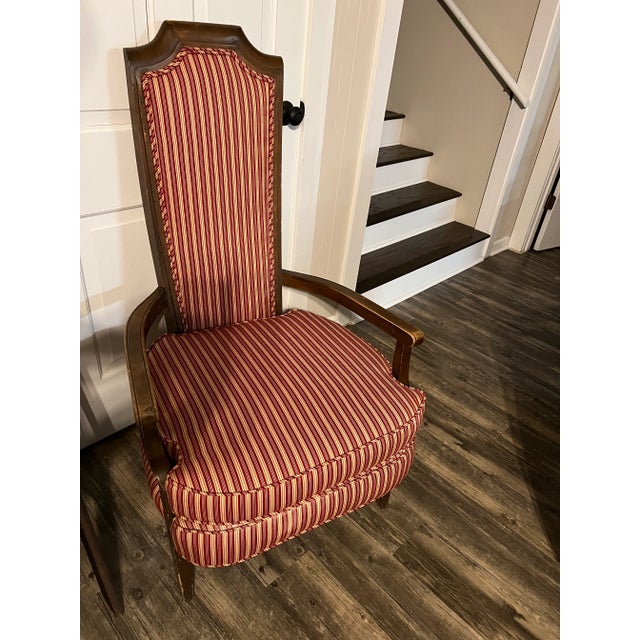 High Back Mid Century Accent Chair with Wood Accents . There is a light spot underneath the Top Cushion . Great Mid...
