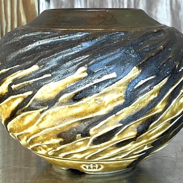 Coffee Vintage Boho Signed Studio Pottery Vase For Sale - Image 8 of 13