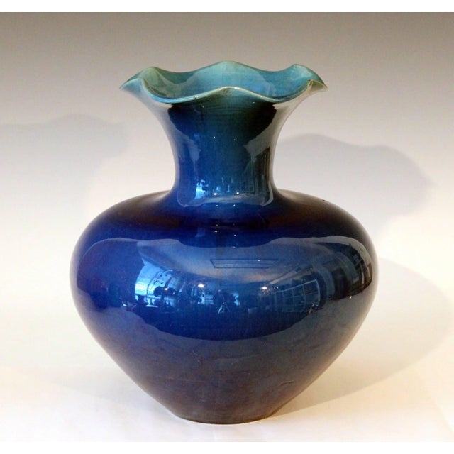Large Awaji pottery vase in organic Art Nouveau form with flaring, ruffled mouthrim and blue monochrome glaze, circa...