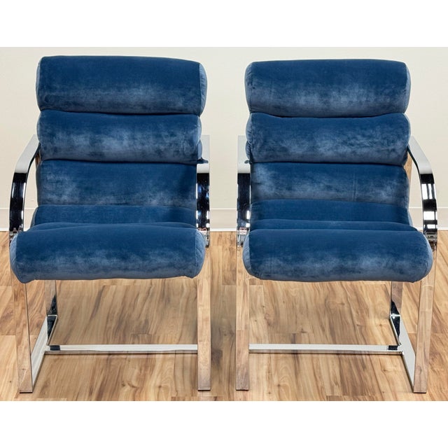 Mid 20th Century Vintage Newly Upholstered Blue Velvet Chrome Sling Chairs, a Pair For Sale - Image 5 of 18