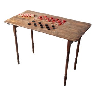 Antique Folding Checkerboard Table With Halsam Checkers For Sale