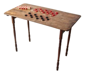 Antique Folding Checkerboard Table With Halsam Checkers