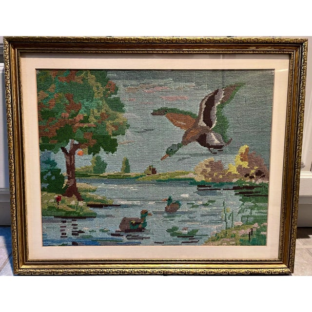 Vintage Framed Needlepoint Landscape With Ducks For Sale - Image 9 of 9