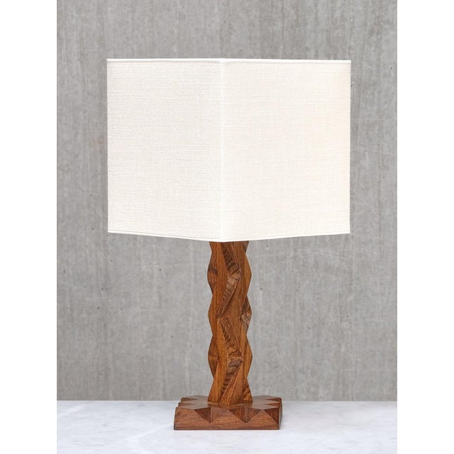 1930s French Art Deco Geometric Oak Table Lamp with Linen Shade, Late 1930s For Sale - Image 5 of 13