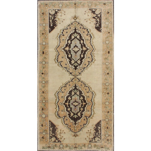 Vintage Turkish Oushak Gallery Rug With Two Medallions in Taupe, Brown and Cream For Sale - Image 10 of 10