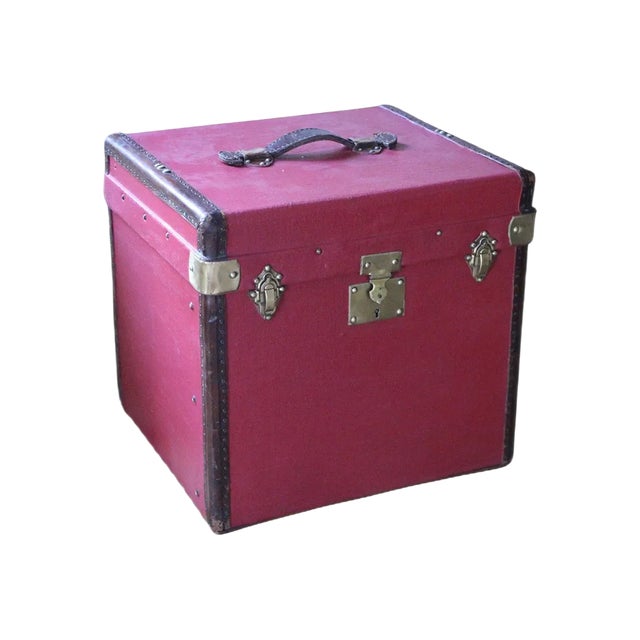 Cube Shape Red Canvas Trunk, 1930s For Sale
