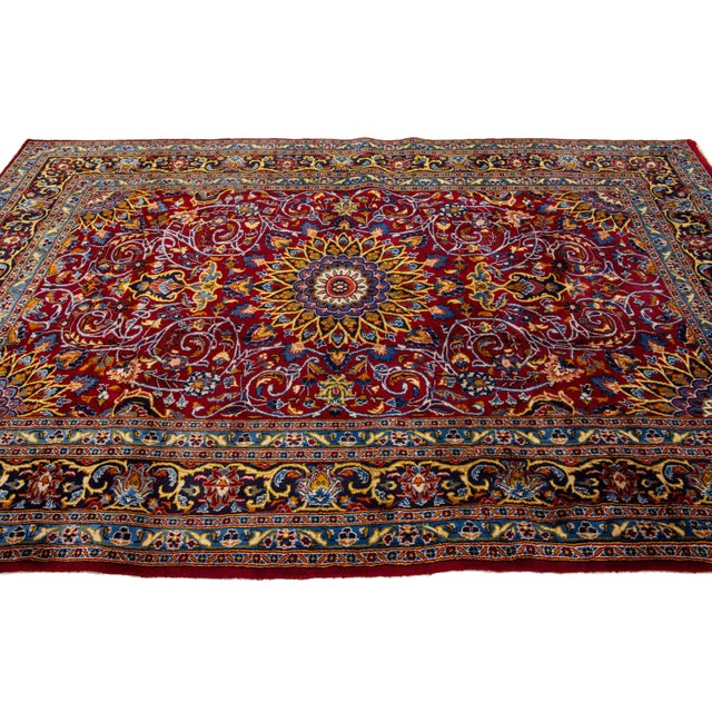 Persian Rosette Designed Vintage Handmade Kashan Wool Rug in Red For Sale - Image 3 of 8