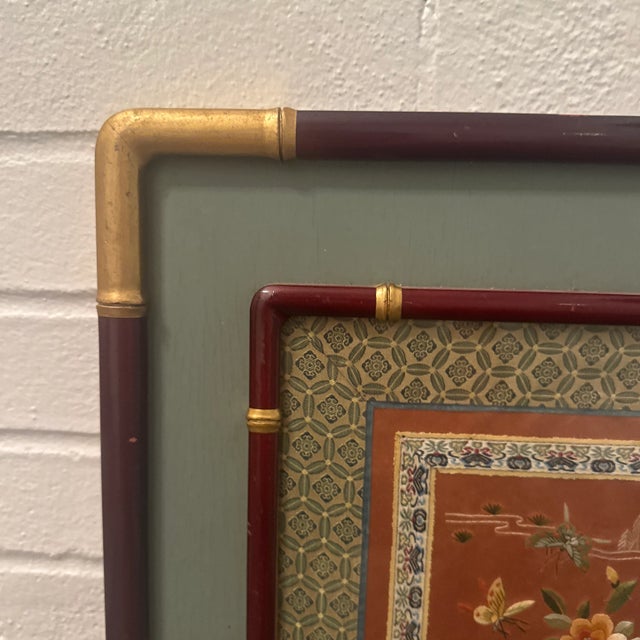 Vintage Asian Silk Embroidery With Bird & Blossoms, Framed in Bamboo-Style Frame For Sale - Image 4 of 11