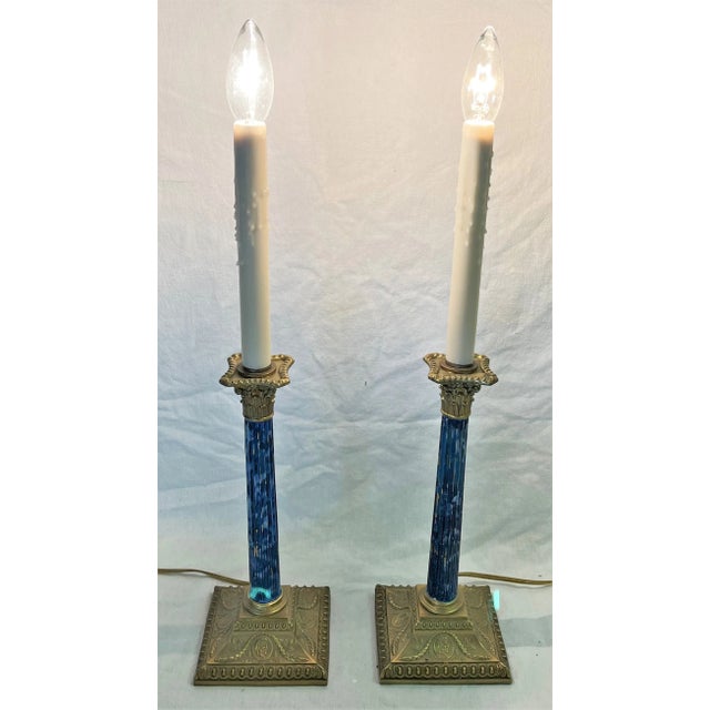 Vintage Brass Candlestick Column Lamps With Faux Marbre Accents- a Pair For Sale - Image 10 of 13
