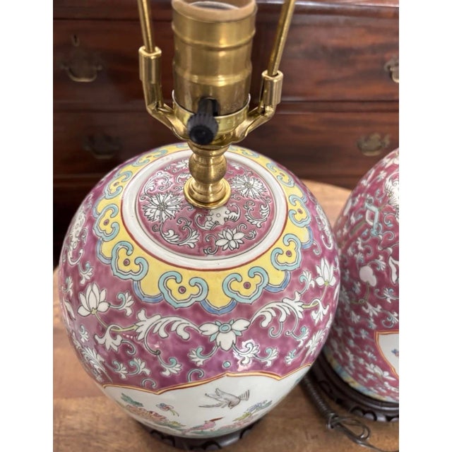 Early to Mid Twentieth Century Chinese Export Famille Rose Ginger Jar Lamps Turquoise Enamel Flowers Birds, a Pair For Sale - Image 4 of 11