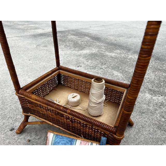 Vintage Large Woven Wicker Double Compartment Standing Sewing Basket For Sale - Image 9 of 12