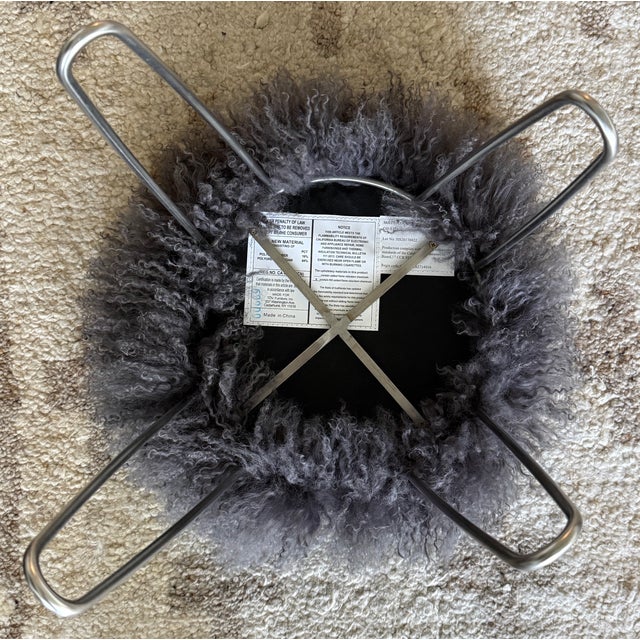 Mid-Century Modern Genuine Grey Mongolian Lambs Wool Stool on Silver Hairpin Legs For Sale - Image 3 of 6