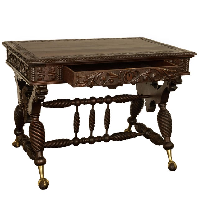 Brown Aesthetic Movement Merklen Brothers Carved Walnut Library Table Desk Ny 1890 For Sale - Image 8 of 14