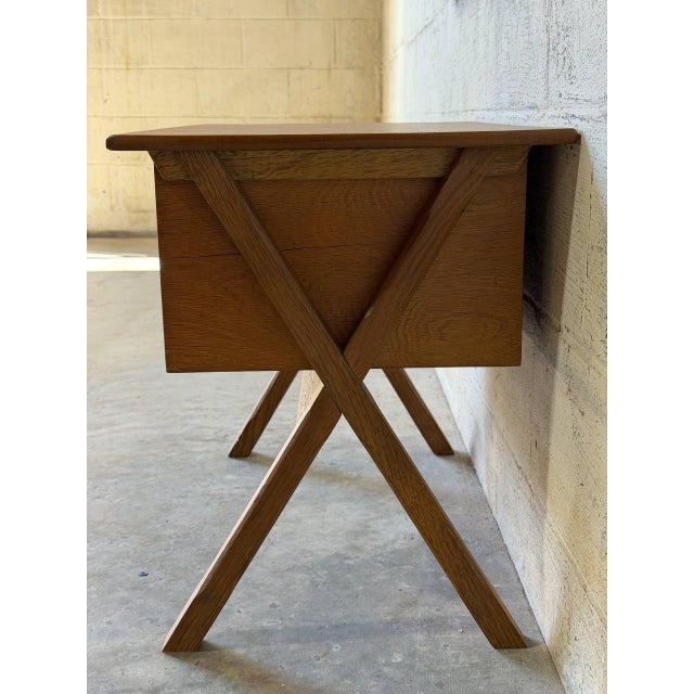 Oak Sewing Table With X-Frame Legs and Built-in Storage Vintage Mid-Century Modern 1960s For Sale - Image 9 of 12