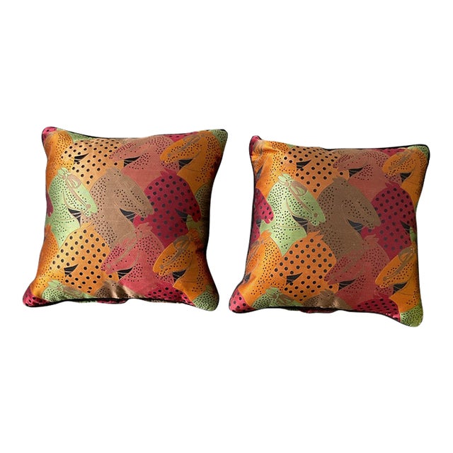 Pair of Down Fill Decorative Designer Pillows With Colorful Abstract Horse Head Pattern For Sale