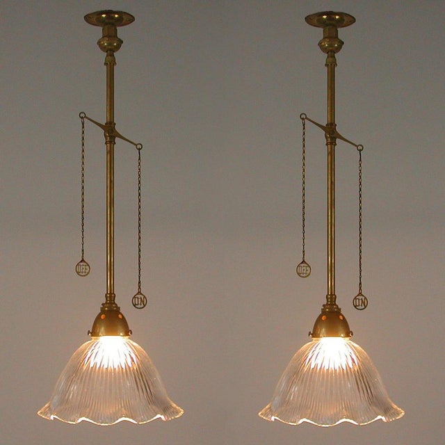 Holophane Art Deco Holophane Glass and Aged Brass Pendants, 1920s, Set of 2 For Sale - Image 4 of 18