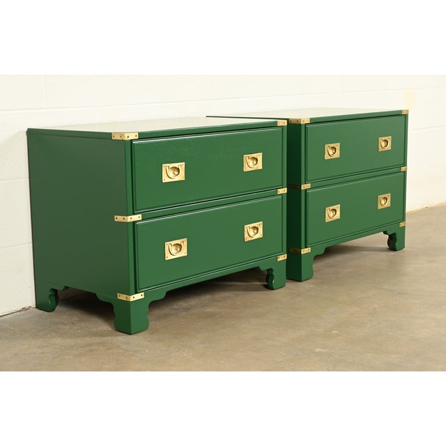 Drexel Heritage Drexel Heritage Mid-Century Hollywood Regency Campaign Green Lacquered Nightstands | Pair For Sale - Image 4 of 13