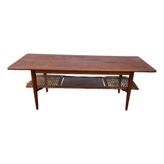 1960s Extra Large Danish Teak Coffee Table With Cane Shelf For Sale