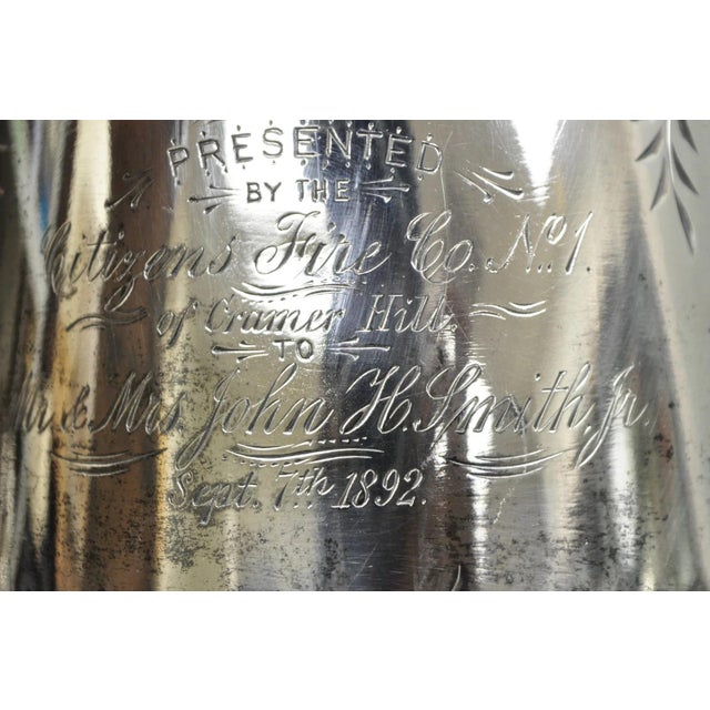 Meriden Silver Plate Co. Antique Meriden Victorian LRG Silver Plated Floral Etched Pitcher, Engraved 1892 For Sale - Image 4 of 18