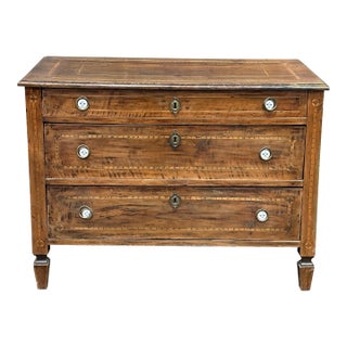 19th Century Italian Neoclassical Walnut Commode Inlay 3 Drawer Chest For Sale