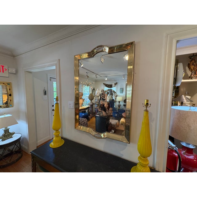 Italian Modern Brass Tray Mirror. Offered is a most unusual Italian mid-century modern polished brass mirror in the shape...