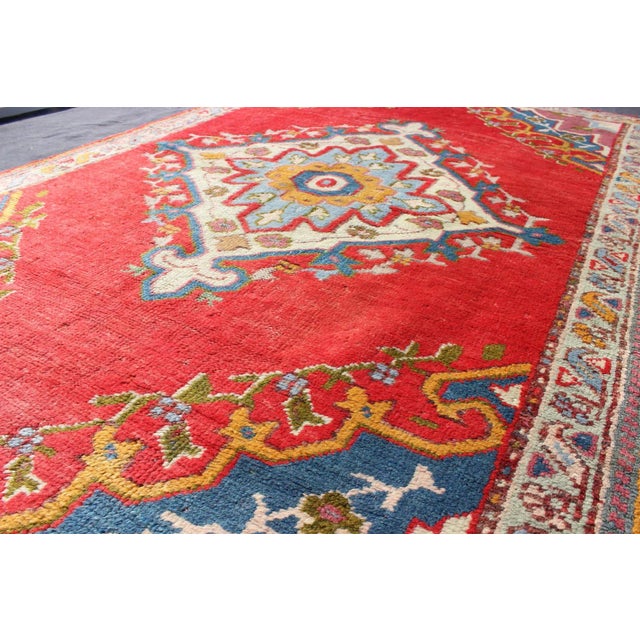 Early 20th Century Antique Turkish Oushak Small Rug in Bright Red, Blue, Lavender, Orange & Green For Sale - Image 5 of 7