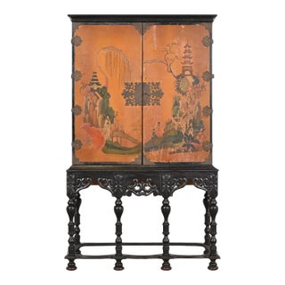 Antique Chinoiserie Jacobean Hand Painted Bookcase or Bar Cabinet, Circa 1900 For Sale