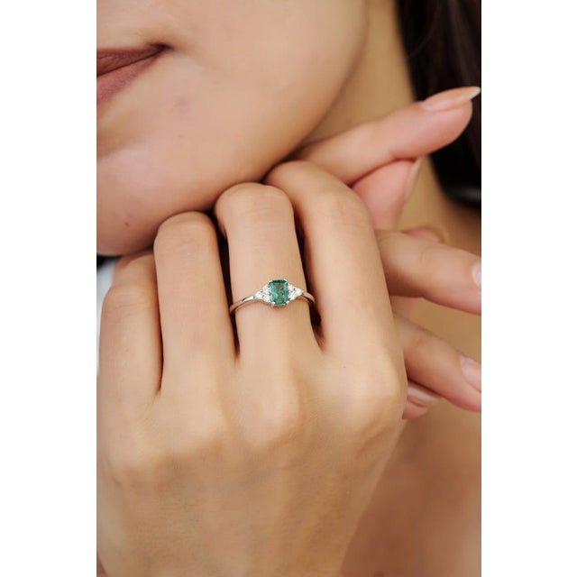 Green Silvorra Sterling Silver Natural Emerald Ring With Diamond Accents, Size 7 For Sale - Image 8 of 12