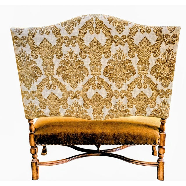 1960s 1960s Custom Designed Neoclassical Style Vintage Bench/Loveseat With Carved Wooden Arms, Velour Camel Color Seat & Gold Damask Upholstery For Sale - Image 5 of 8