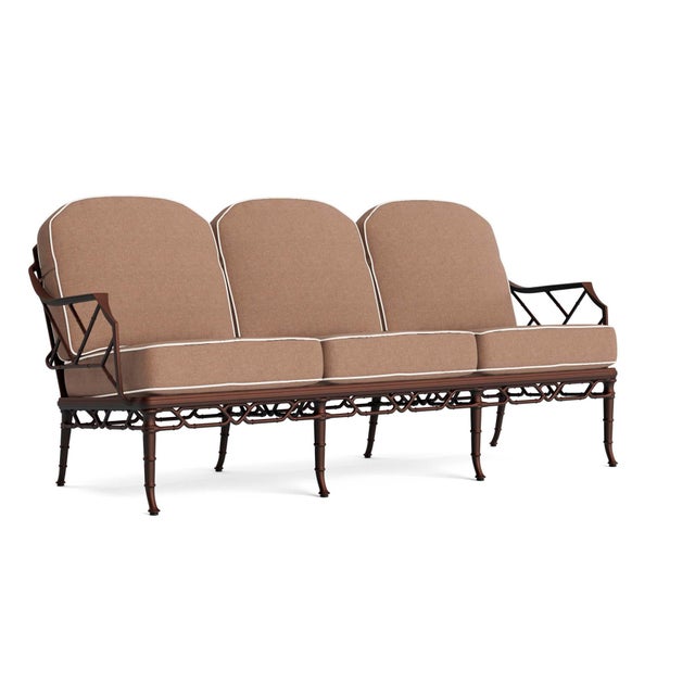 Brown Jordan Calcutta Sofa in Almandine with Fusion Clay and Sea Salt Welt Cushions For Sale